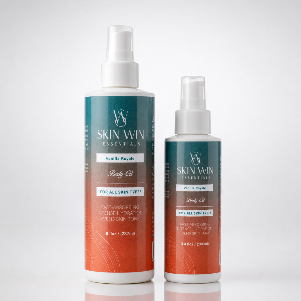 Vanilla Royale Body Oil bottles in both 8 fl oz and 3.4 fl oz sizes side by side
