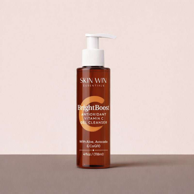 Bottle of Skin Win BrightBoost gel cleanser on a beige background