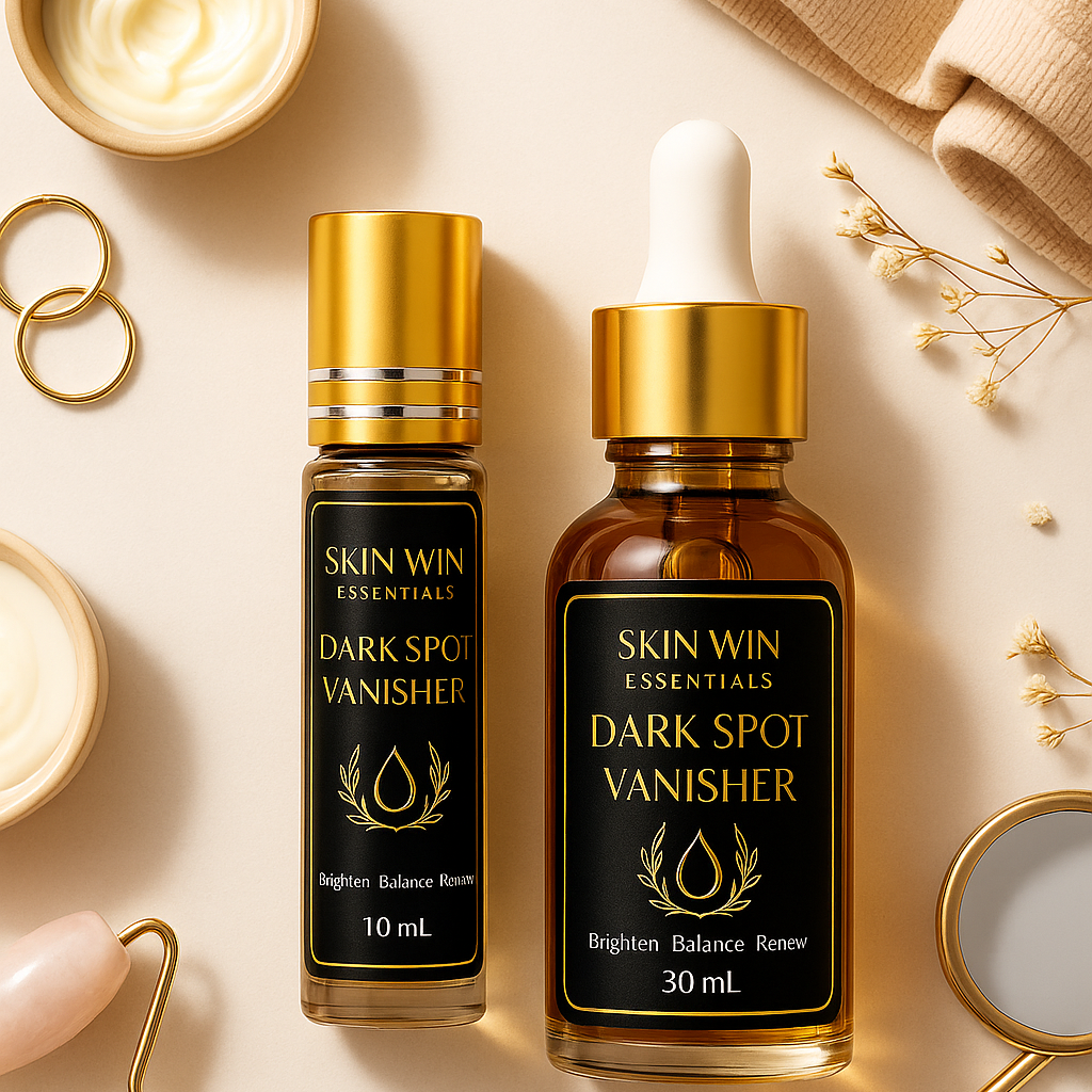 Two bottles of Skin Win Essentials Dark Spot Vanisher on a beige surface with skincare tools.