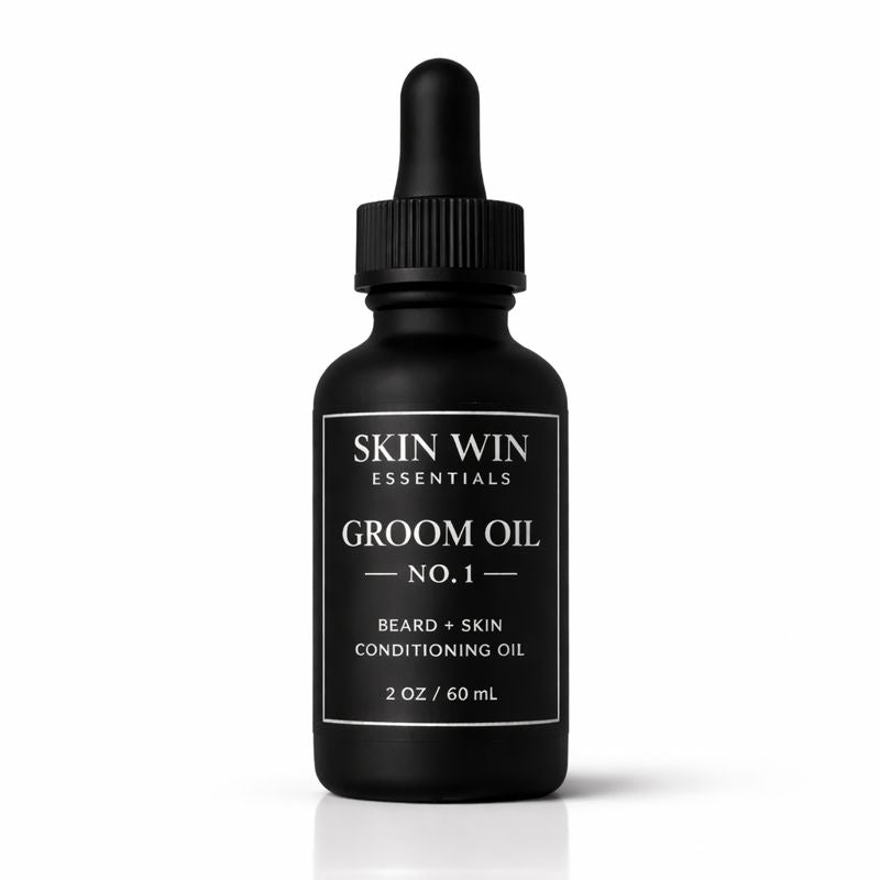 Black bottle of Skin Win Essentials Groom Oil No. 1 on a white background