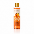A bottle of Skin Win Essentials Peachy Mango Body Wash with Aloe, featuring a clear bottle filled with orange liquid, a gold cap, and a peach and mango graphic on the label, set against a plain white background.