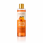 A bottle of Skin Win Essentials Peachy Mango Body Wash with Aloe, featuring a clear bottle filled with orange liquid, a gold cap, and a peach and mango graphic on the label, set against a plain white background.
