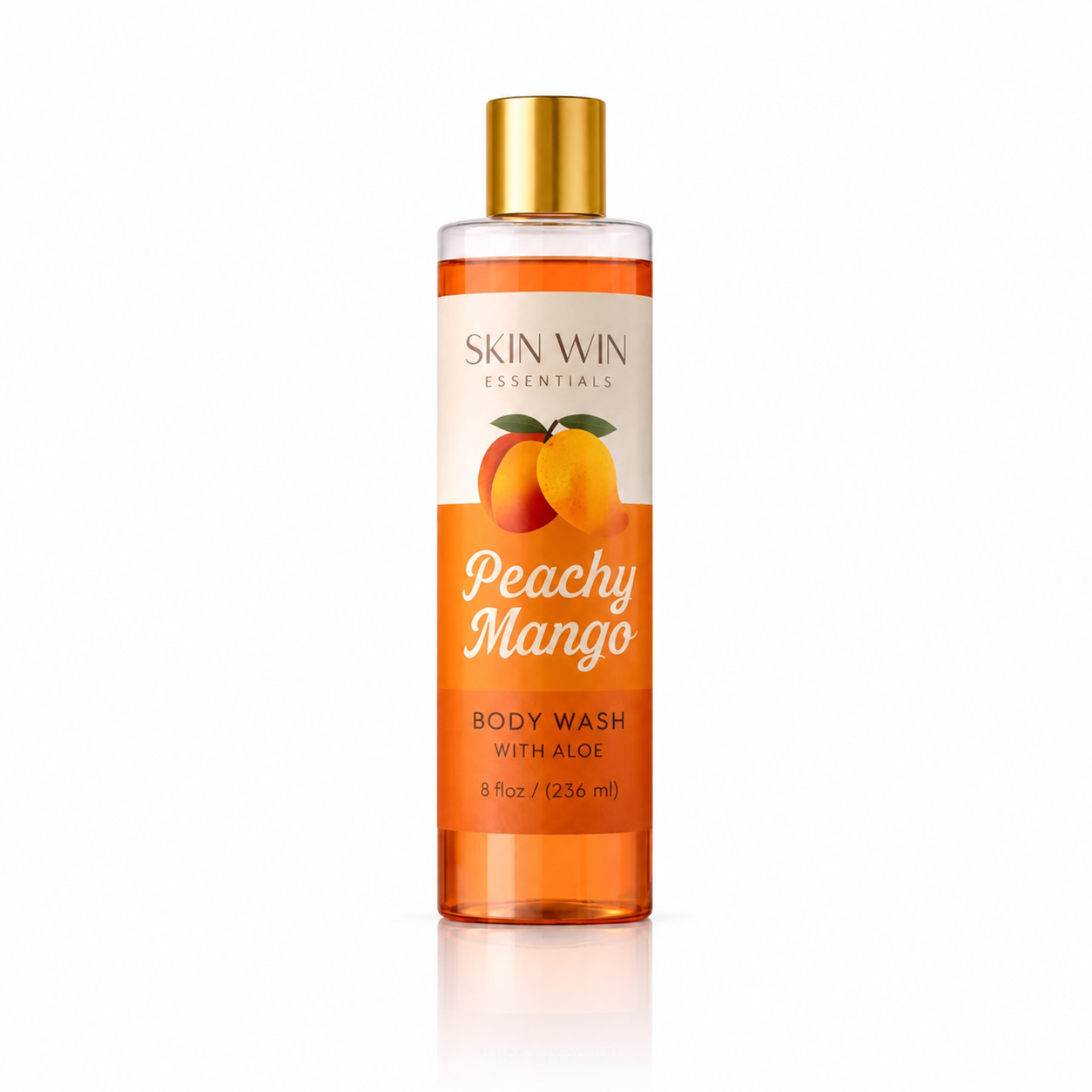 A bottle of Skin Win Essentials Peachy Mango Body Wash with Aloe, featuring a clear bottle filled with orange liquid, a gold cap, and a peach and mango graphic on the label, set against a plain white background.
