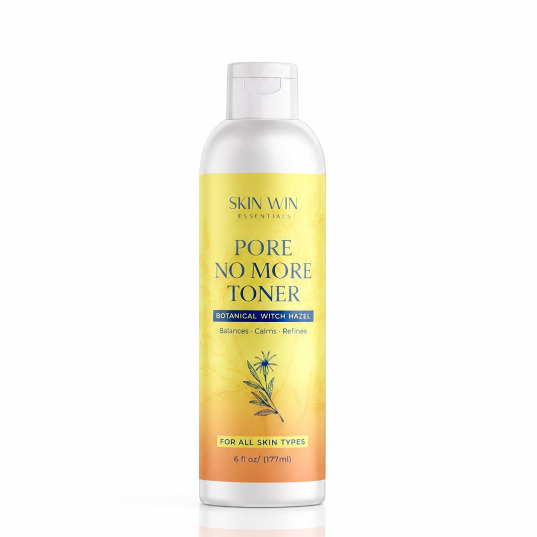 A 6 fl oz bottle of Skin Win Essentials Pore No More Toner with a white cap and a yellow-to-orange gradient label, shown on a white background with a reflection.