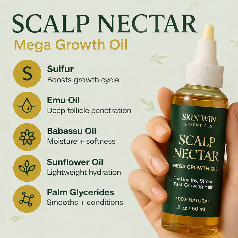 Scalp nectar mega growth oil bottle held by a hand with product details on a light green background