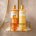 Two bottles of Skin Win body wash on a shower caddy with a tiled bathroom background.