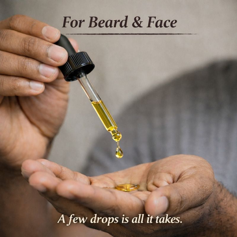 Hand holding a dropper with yellow liquid over another hand, labeled for beard and face care.