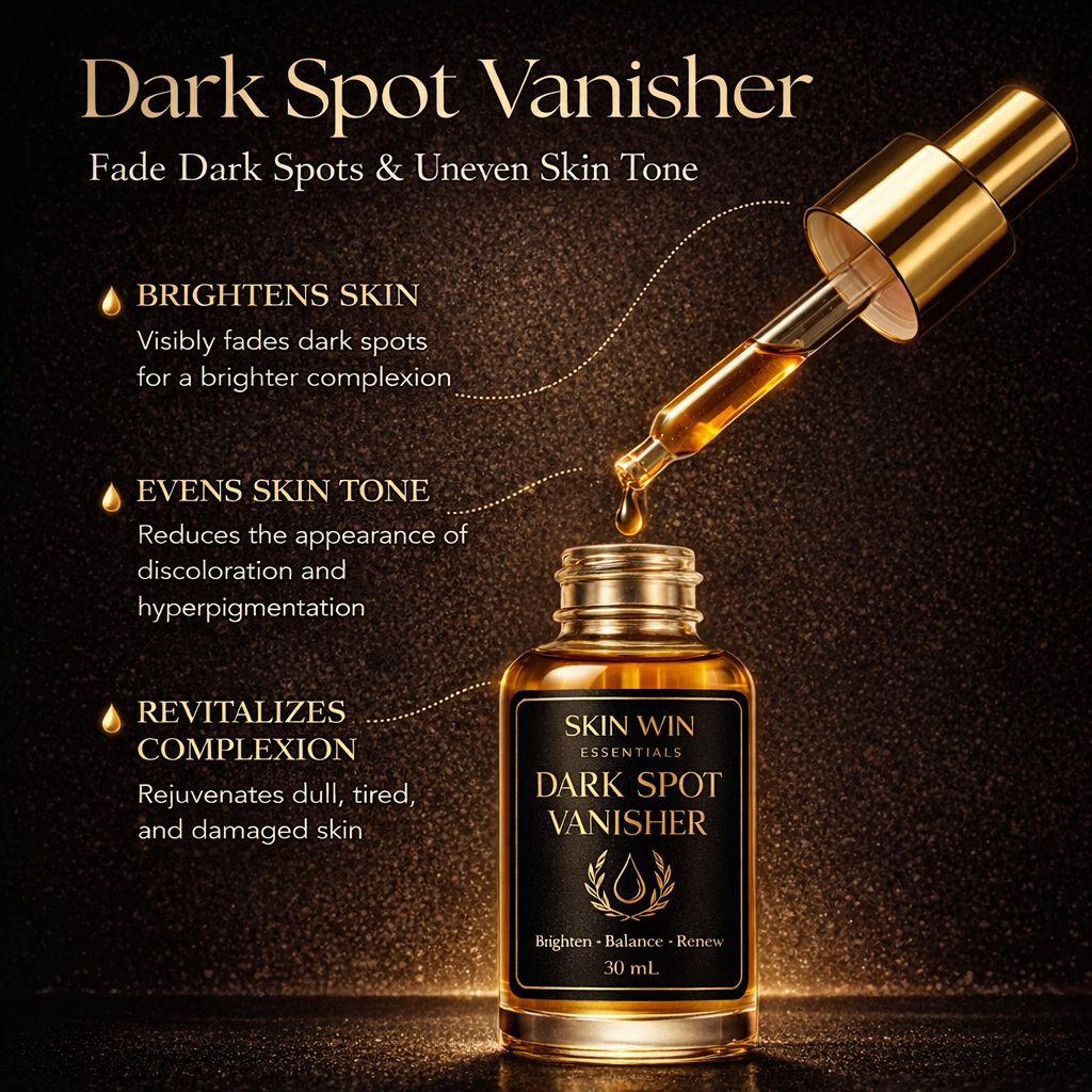 Dark Spot Vanisher serum bottle with dropper on a dark background