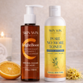 Two skincare products from Skin Win Essentials on a neutral background with an orange and candle.