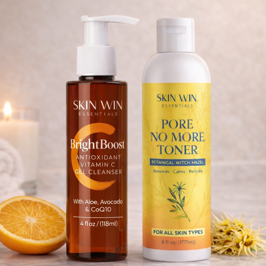 Two skincare products from Skin Win Essentials on a neutral background with an orange and candle.