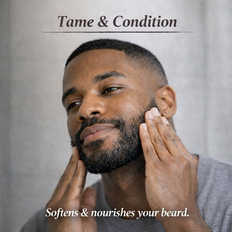 Man with a beard touching his face, with text 'Tame & Condition' and 'Softens & nourishes your beard.'